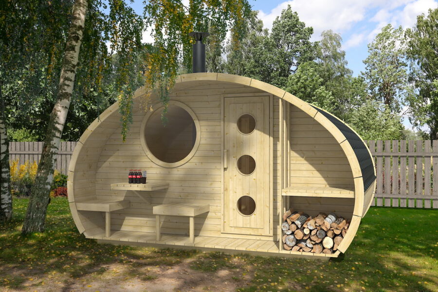 Saunahaus FRODO Oval 417 x 300 cm inkl. Dachschindeln schwarz, Bausatz, Fichte-Natur