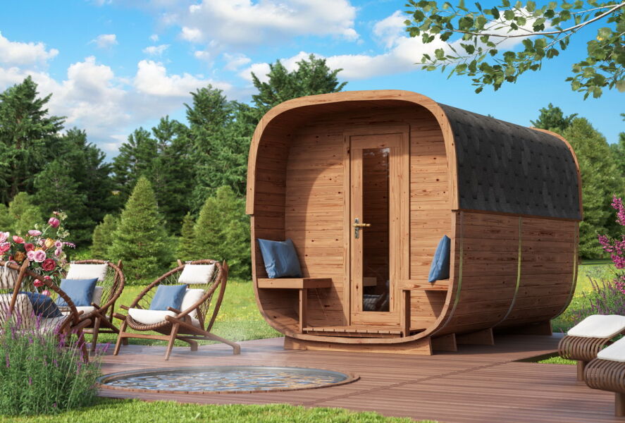 Saunafass BUS Quadratisch Modell Fichte-Thermo 330 x 219 cm (1-Raum Sauna) "Interior Standard" inkl. Dachschindeln schwarz, Bausatz, Thermoholz