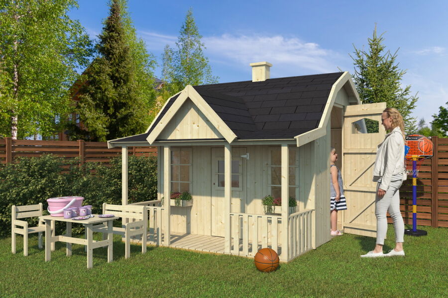 Kinderspielhaus MALEA 6,7 m2 mit Schlafboden, 237 x 282 cm, natur (mit Nebeneingang für Erwachsene)