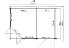 Gartenhaus RHEINLAND 5-Eck 420x280 cm Sockelmass; 2-Raum...