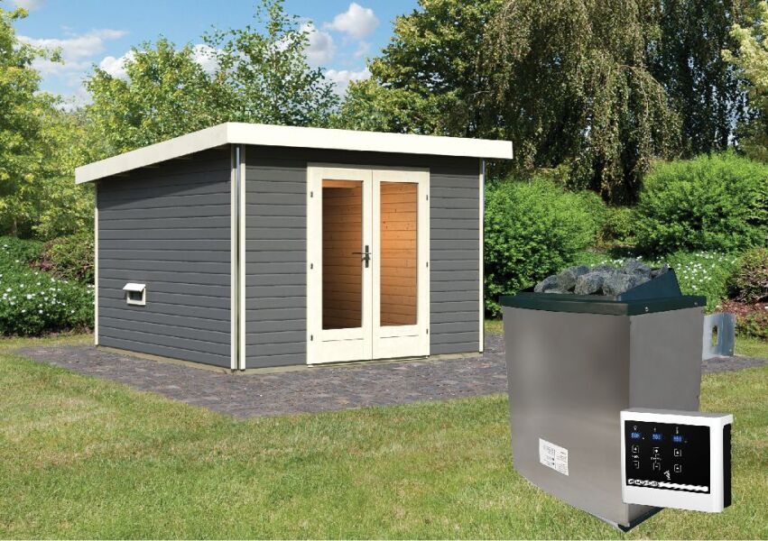 Saunahaus MAINBURG 1  Set B / terragrau lackiert / Ofen 9 KW externe Strg easy