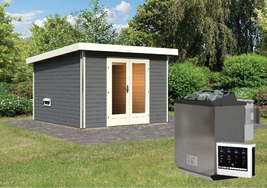 Saunahaus MAINBURG 1 Set B / terragrau lackiert / Ofen 9 kW Bio externe Strg easy