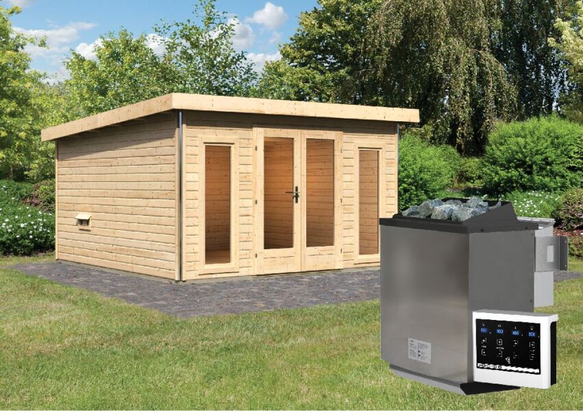Saunahaus MAINBURG 3  Set A / naturbelassen / Ofen 9 kW Bio externe Strg easy
