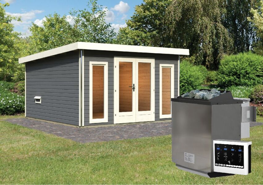 Saunahaus MAINBURG 3  Set A / terragrau lackiert / Ofen 9 kW Bio externe Strg easy