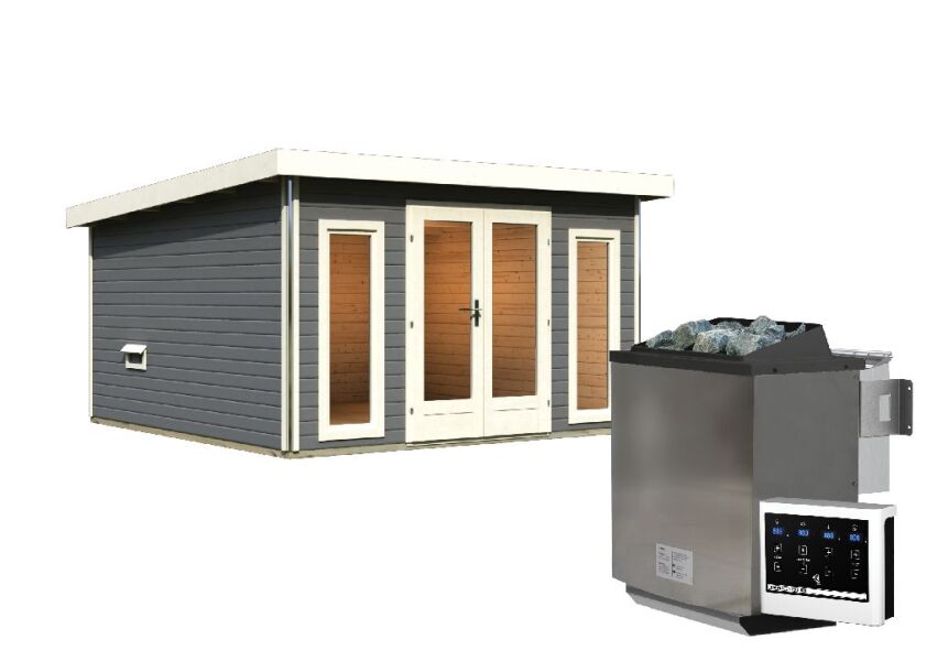Saunahaus MAINBURG 3  Set A / terragrau lackiert / Ofen 9 kW Bio externe Strg easy