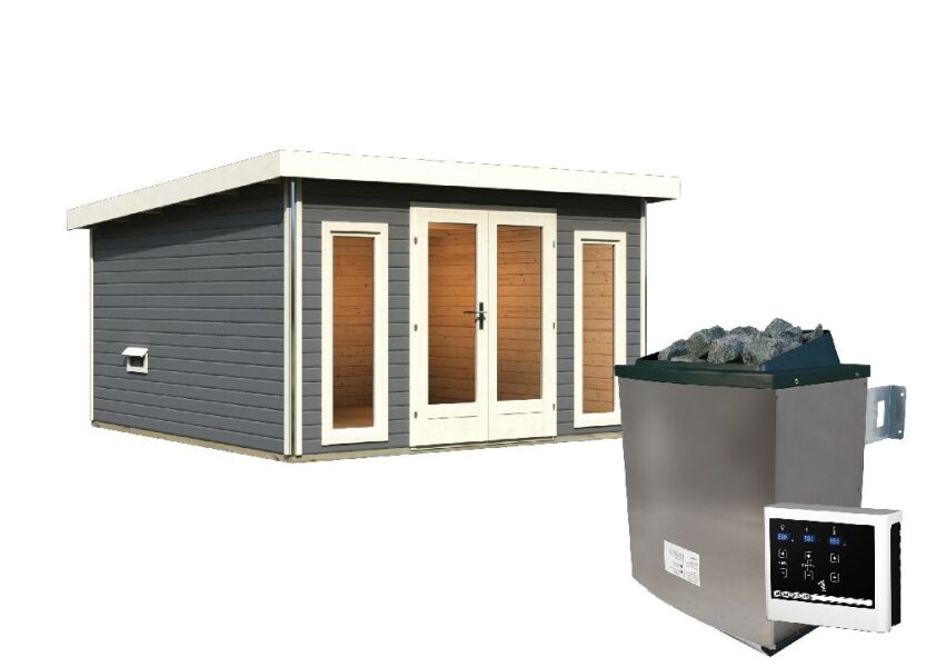 Saunahaus MAINBURG 3  Set B / terragrau lackiert / Ofen 9 KW externe Strg easy