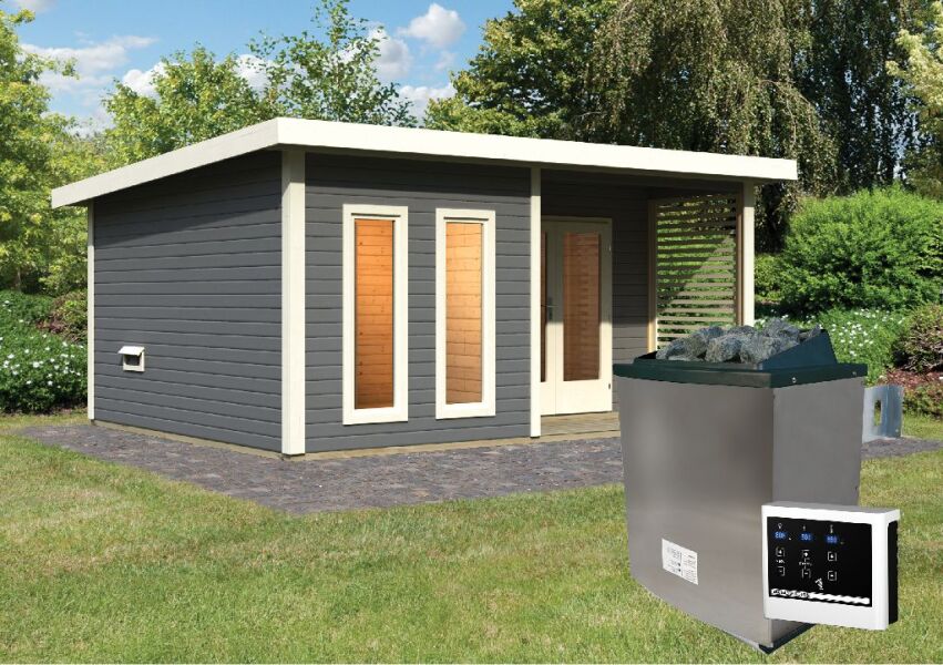 Saunahaus MAINBURG 5  Set B / terragrau lackiert / Ofen 9 KW externe Strg easy