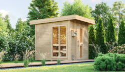 Weka 45mm Saunahaus KUOPIO natur mit bodentiefem Fenster und mit OS-Ofen