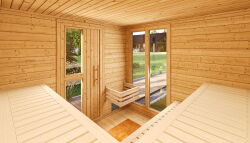 Weka 45mm Saunahaus KUOPIO natur mit bodentiefem Fenster und mit OS-Ofen