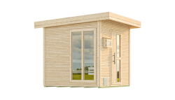 Weka 45mm Saunahaus KUOPIO natur mit bodentiefem Fenster und mit BioS-Ofen