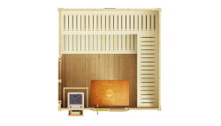Weka 45mm Saunahaus KUOPIO natur mit bodentiefem Fenster und mit BioS-Ofen