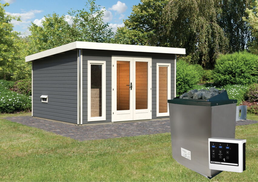 Saunahaus MAINBURG 2  Set A / terragrau lackiert / Ofen 9 KW externe Strg easy