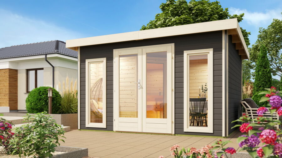 Saunahaus MAINBURG 2  Set B / terragrau lackiert / Ofen 9 kW Bio externe Strg easy
