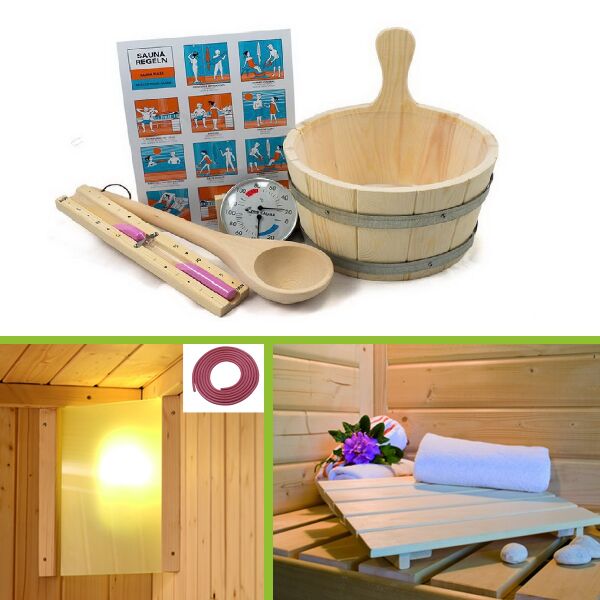 Karibu Sauna Zubehör Sparset, besteht aus:  6-teiliges Zubehörset (Aufgusseimer, Kelle, Sanduhr, Thermo/Hygrometer, Baderegeltafel) Saunaleuchte Classic, Kabel für Leuchte, 2 x Kopfstütze PREMIUM