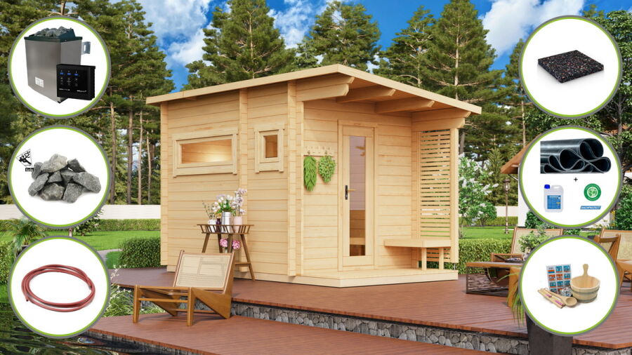Saunahaus RAUMA 4 PLUS 405 x228 cm; 40mm Doppelnut; inkl. Terrasse; inkl. Boden +SPARSET+