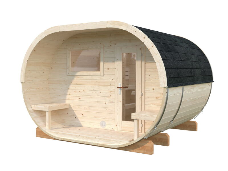 Palmako Saunafass ANETTE 3,0+1,5m² 328x274 cm mit 78cm Terrasse inkl. Dachschindeln schwarz, Bausatz, ISO