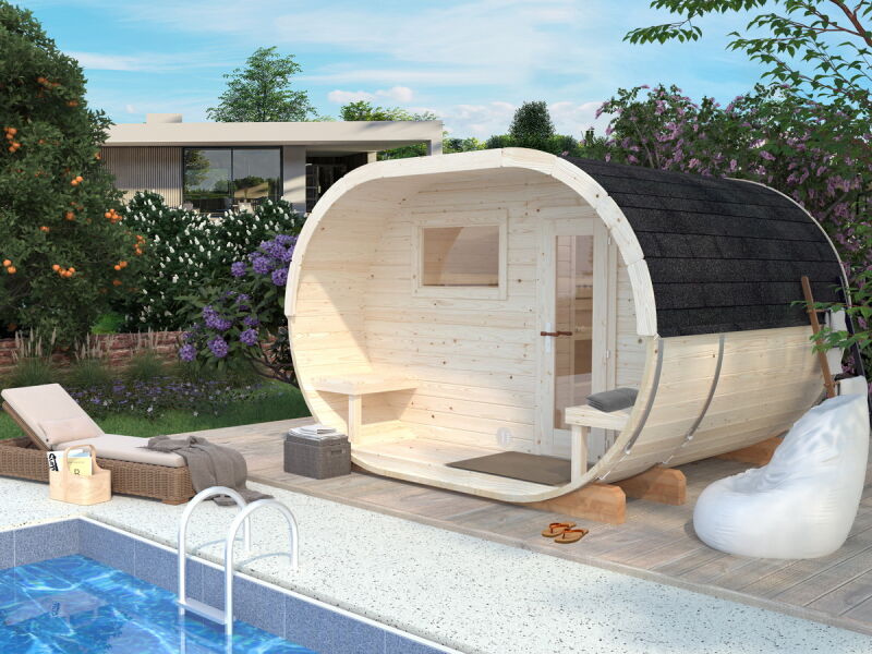 Palmako Saunafass ANETTE 3,0+1,5m² 328x274 cm mit 78cm Terrasse inkl. Dachschindeln schwarz, Bausatz, ISO