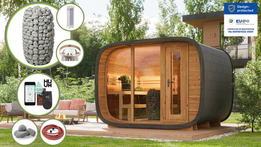 Saunasell Saunafass ROUND CUBE DOUBLE EXCLUSIVE 301x240 cm SPARSET mit HUUM HIVE OFEN, Thermo-Holz