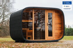 Saunasell Saunafass ROUND CUBE DOUBLE EXCLUSIVE 301x240 cm SPARSET mit HUUM HIVE OFEN, Thermo-Holz