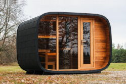 Leil® Saunasell Saunafass ROUND CUBE DOUBLE EXCLUSIVE 301x260 cm SPARSET mit HUUM HIVE OFEN, Thermo-Holz