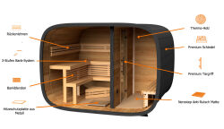 Leil® Saunasell Saunafass ROUND CUBE DOUBLE EXCLUSIVE 301x260 cm SPARSET mit HUUM HIVE OFEN, Thermo-Holz