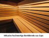 Leil® Saunasell Saunafass ROUND CUBE DOUBLE EXCLUSIVE 301x260 cm SPARSET mit HUUM HIVE OFEN, Thermo-Holz