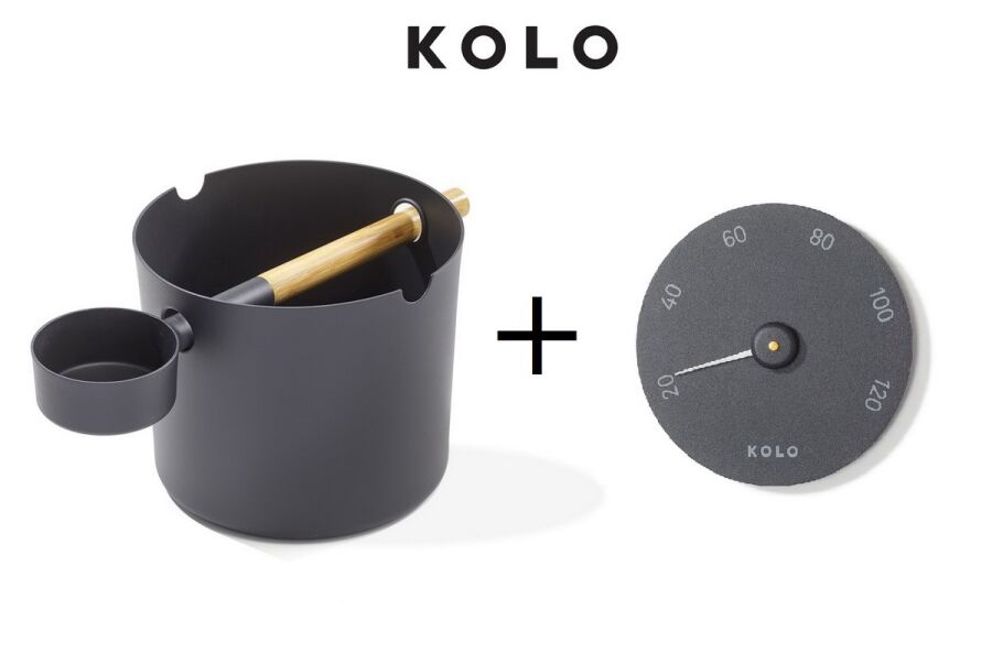 KOLO 1 Set Saunazubehör Zubehörset Aufgusseimer + Kelle + Thermometer Set schwarz ALU Pulverbeschichtet / Sparset