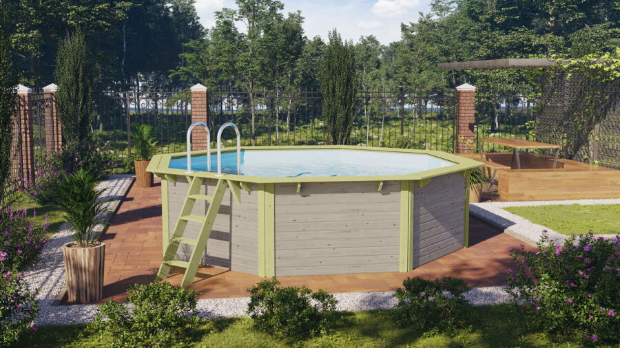 Karibu Pool Modell Variante 2 X Poolgrundkörper inkl. Vlies, Folie BLAU, kdi Holzdeck und Edelstahlleiter, KESSELDRUCKIMPRÄGNIERT + WASSERGRAU gestrichen