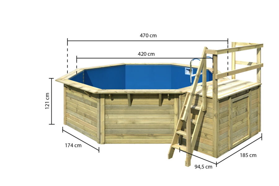 Karibu Pool Modell Variante 2 X Poolgrundkörper inkl. Vlies, Folie BLAU, kdi Holzdeck, KDI Terrasse und Edelstahlleiter, KESSELDRUCKIMPRÄGNIERT