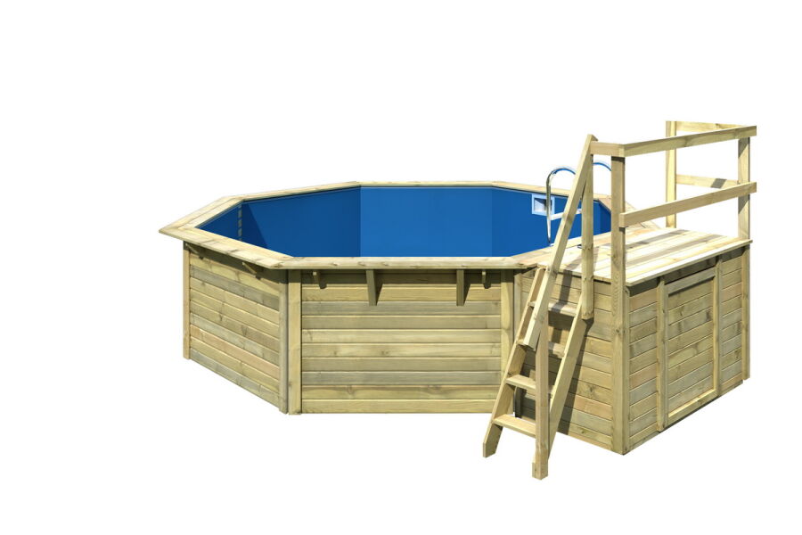 Karibu Pool Modell Variante 2 X Poolgrundkörper inkl. Vlies, Folie BLAU, kdi Holzdeck, KDI Terrasse und Edelstahlleiter, KESSELDRUCKIMPRÄGNIERT