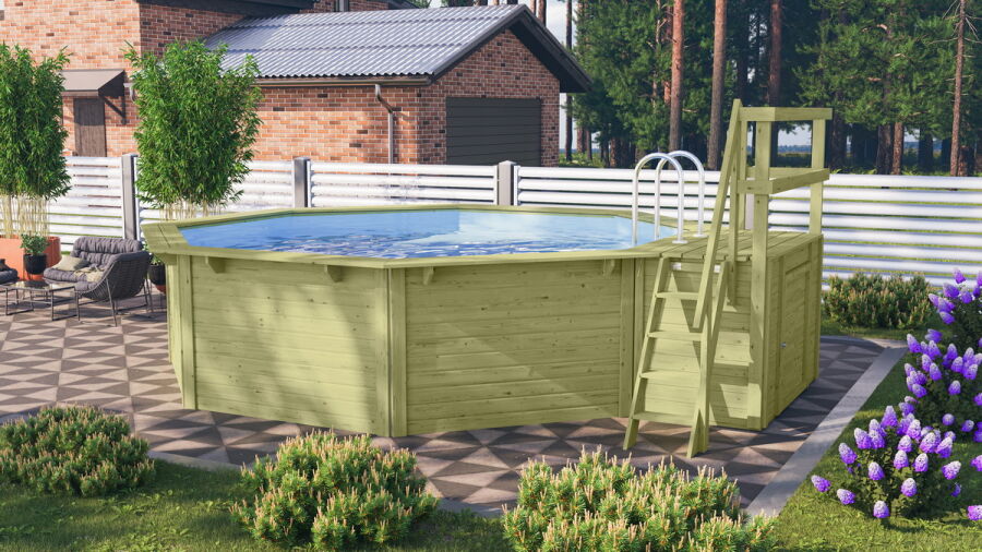 Karibu Pool Modell Variante 2 X Poolgrundkörper inkl. Vlies, Folie BLAU, kdi Holzdeck, KDI Terrasse und Edelstahlleiter, KESSELDRUCKIMPRÄGNIERT
