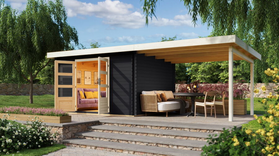Karibu Gartenhaus BASTRUP 7 anthrazitgrau inkl. 300cm Schleppdach