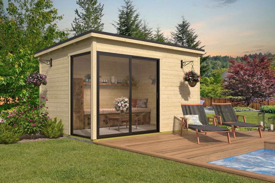 Saunahaus MARA 4, 386 x 386 cm, 44mm Wandbohlen, unbehandelt, Alufenster und -türen, inkl. Karibu Sauna SODIN (SET)