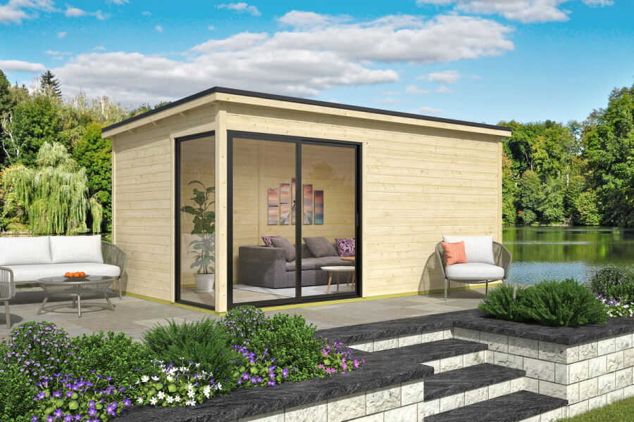 4743329242183 - Saunahaus MARA 5 506 x 296 cm 44mm Wandbohlen unbehandelt Alufenster und -türen inkl Karibu Sauna SIIRIN (SET)