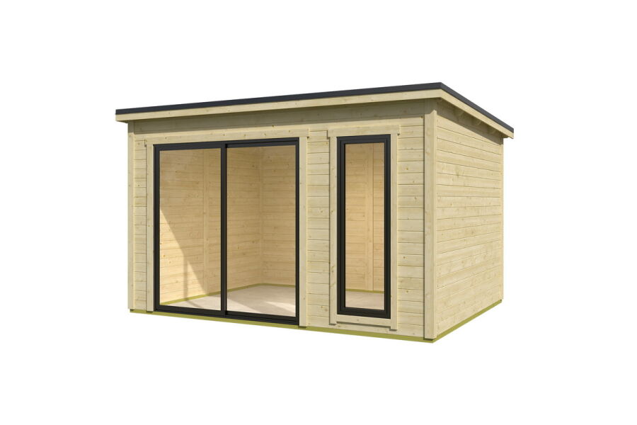 Gartenhaus NOVA 1, 386 x 296 cm, 28mm Wandbohlen, unbehandelt, Alufenster und -türen