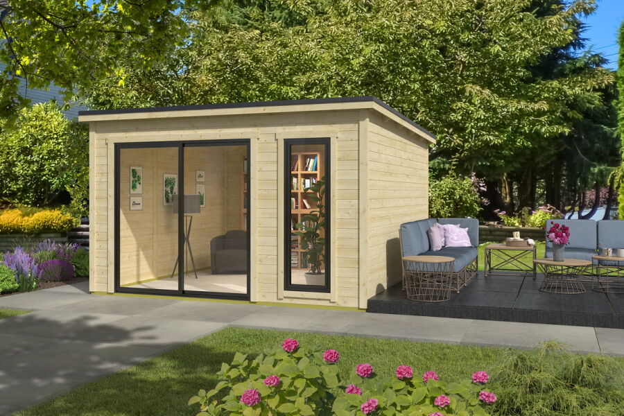 Gartenhaus NOVA 2, 386 x 386 cm, 28mm Wandbohlen, unbehandelt, Alufenster und -türen