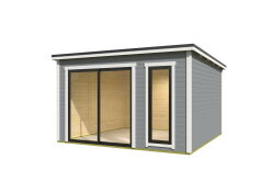 Gartenhaus NOVA 2, 386 x 386 cm, 28mm Wandbohlen, RAL 7042 verkehrsgrau lackiert, Alufenster und -türen