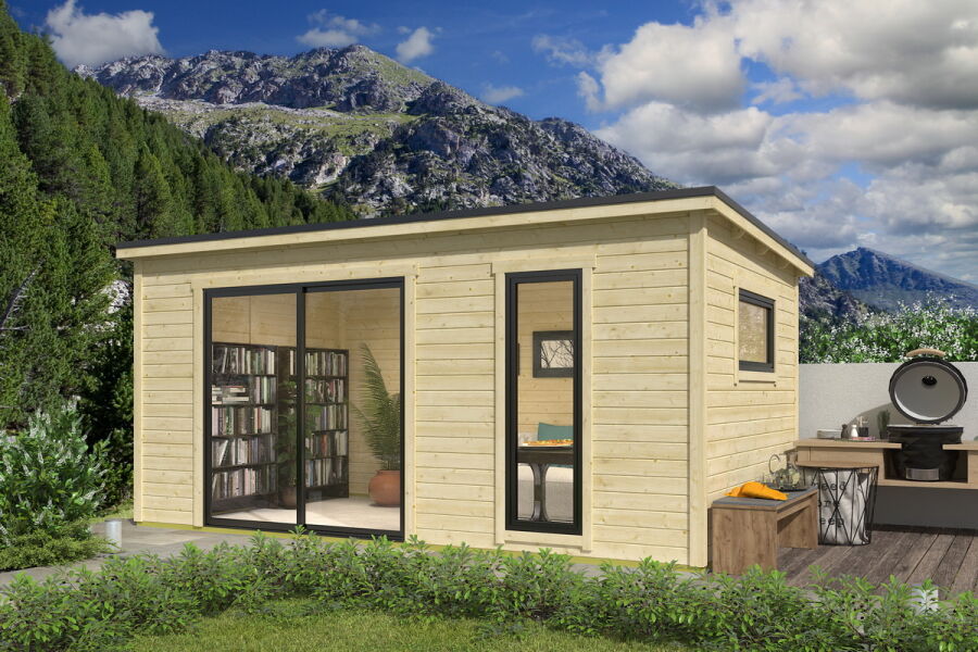 Gartenhaus NOVA 3, 506 x 296 cm, 44mm Wandbohlen, unbehandelt, Alufenster und -türen