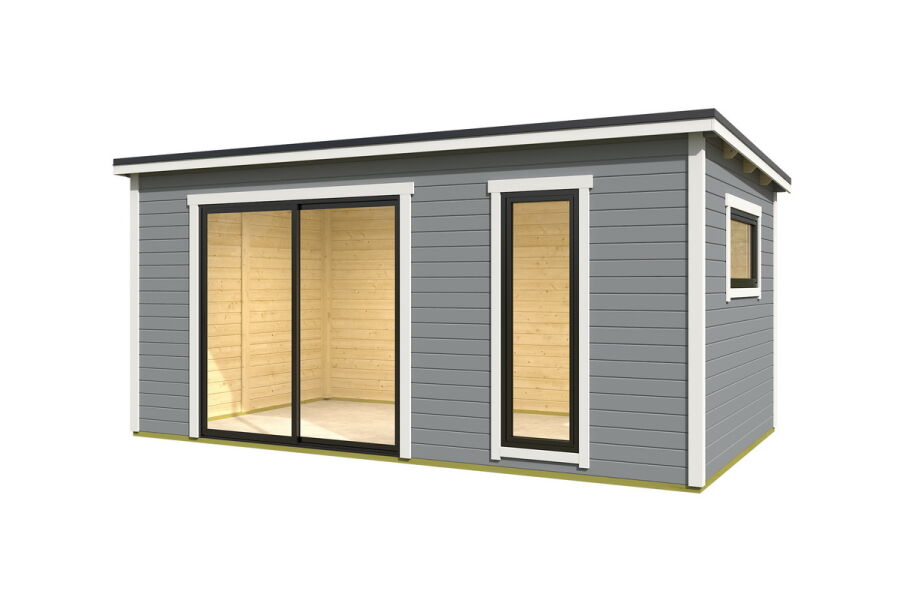 Gartenhaus NOVA 3, 506 x 296 cm, 44mm Wandbohlen, RAL 7042 verkehrsgrau lackiert, Alufenster und -türen