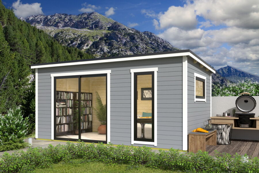 Gartenhaus NOVA 3, 506 x 296 cm, 44mm Wandbohlen, RAL 7042 verkehrsgrau lackiert, Alufenster und -türen