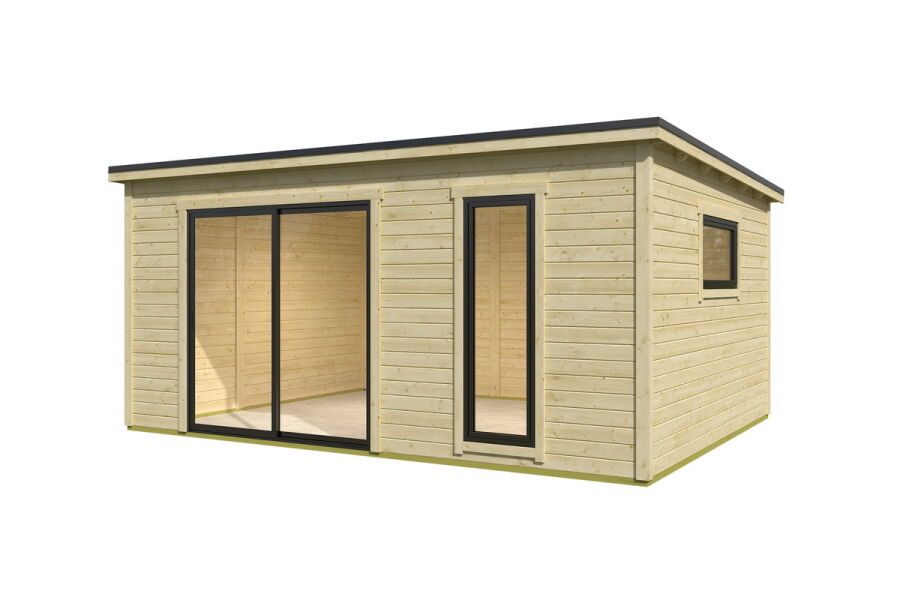 Gartenhaus NOVA 4, 506 x 386 cm, 44mm Wandbohlen, unbehandelt, Alufenster und -türen