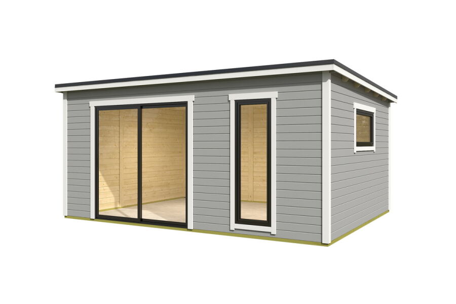 Gartenhaus NOVA 4, 506 x 386 cm, 44mm Wandbohlen, RAL 7042 verkehrsgrau lackiert, Alufenster und -türen