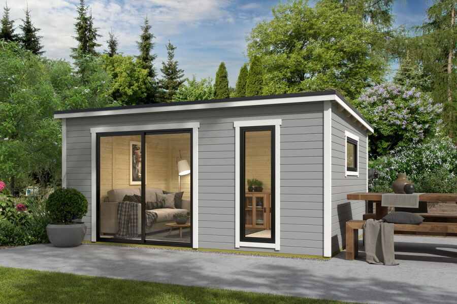 Gartenhaus NOVA 4, 506 x 386 cm, 44mm Wandbohlen, RAL 7042 verkehrsgrau lackiert, Alufenster und -türen