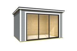 Gartenhaus LUNA 2, 386 x 386 cm, 28mm Wandbohlen, RAL 7042 verkehrsgrau lackiert, Alu-Schiebetür
