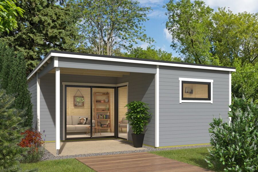 Gartenhaus KYLA, 595 x 595 cm, 44mm Wandbohlen, verschiedene Varianten, Alufenster und -türen