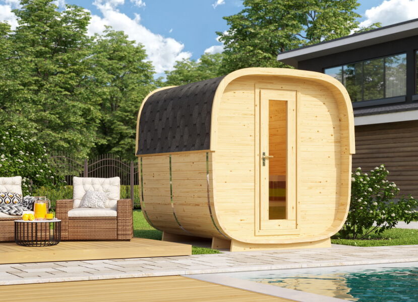 Saunafass BUS Quadratisch Modell Fichte-Natur 240 x 219 cm (ohne Terrasse) inkl. Dachschindeln schwarz, Bausatz, Fichte