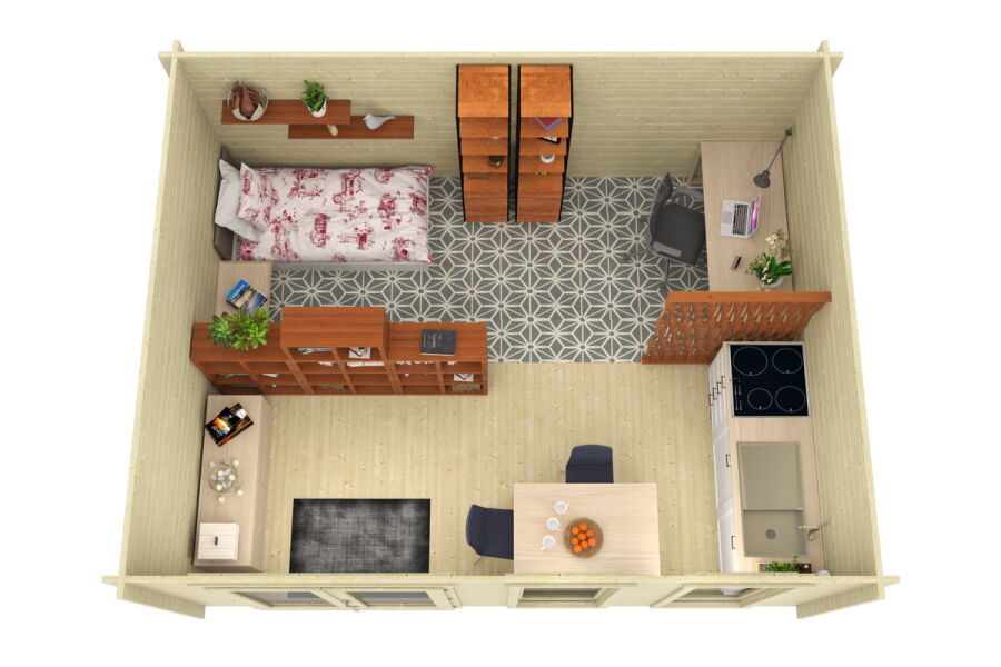 Gartenhaus ANJA mit 2x Einzelfenster, 500x400 cm ISO (A); 44 mm Doppelnut; ohne Boden