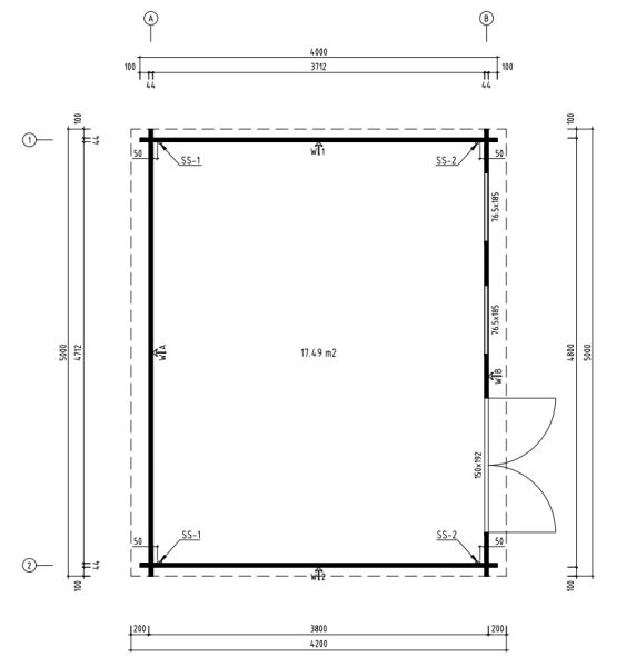 Gartenhaus ANJA mit 2x Einzelfenster, 500x400 cm ISO (A); 44 mm Doppelnut; ohne Boden