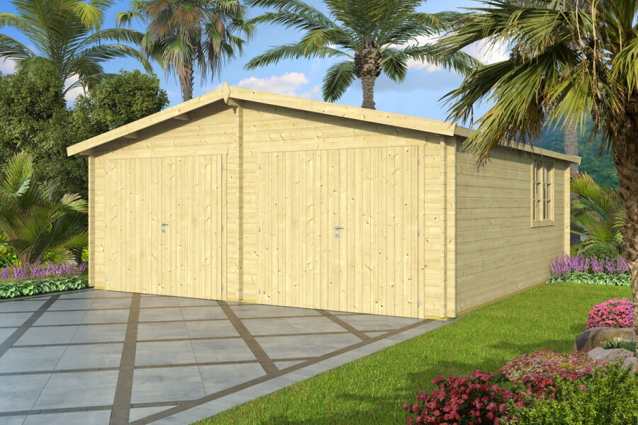 Topgarden Doppelgarage 600 x 600 cm (A); 70 mm Doppelnut, Satteldach, mit Holztor