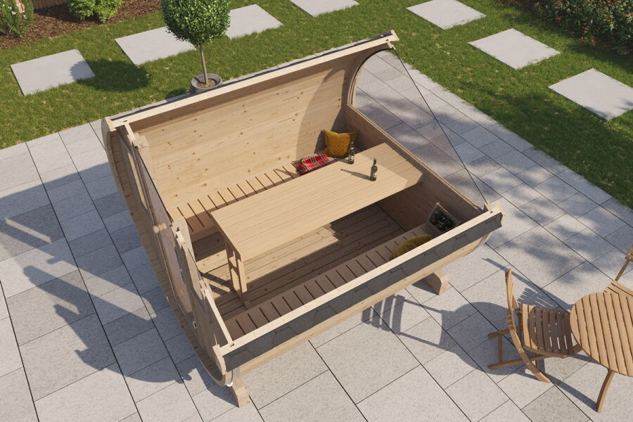 Picknickfass Gastrofass Marktstand Grillfass Campingfass Modell 205 x 240 cm; mit Glastür und Fenster in der Front + halbverglaste Rückwand, inkl. Dachschindeln schwarz, Bausatz